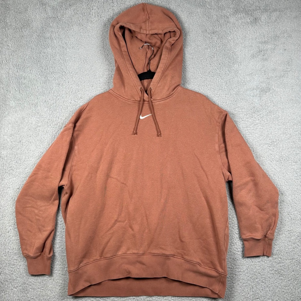 Nike Sportswear Essential Fleece Hoodie Brown Rust Orange Swoosh Men L Oversized